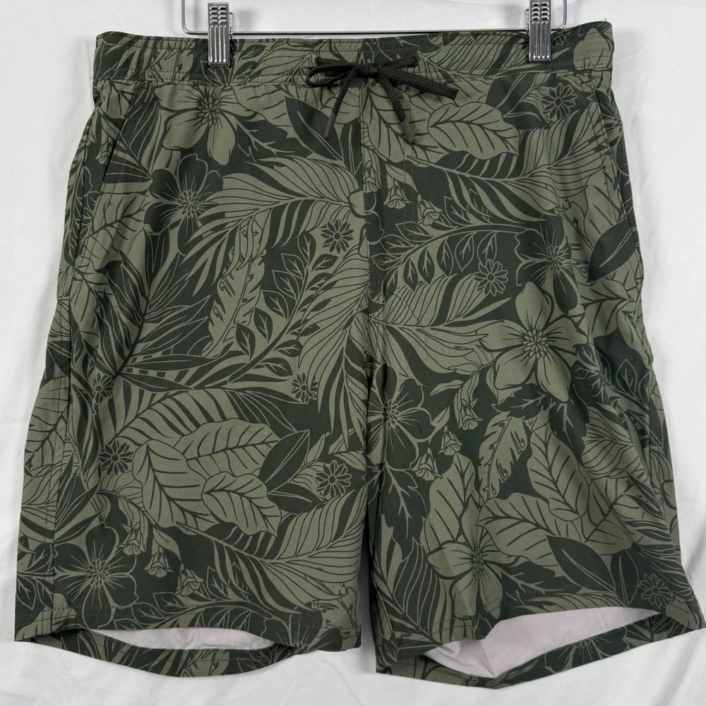 Kirkland Mens M Swim Trunks Shorts Green Tropical Floral Stretch‎ Quick Dry NWT